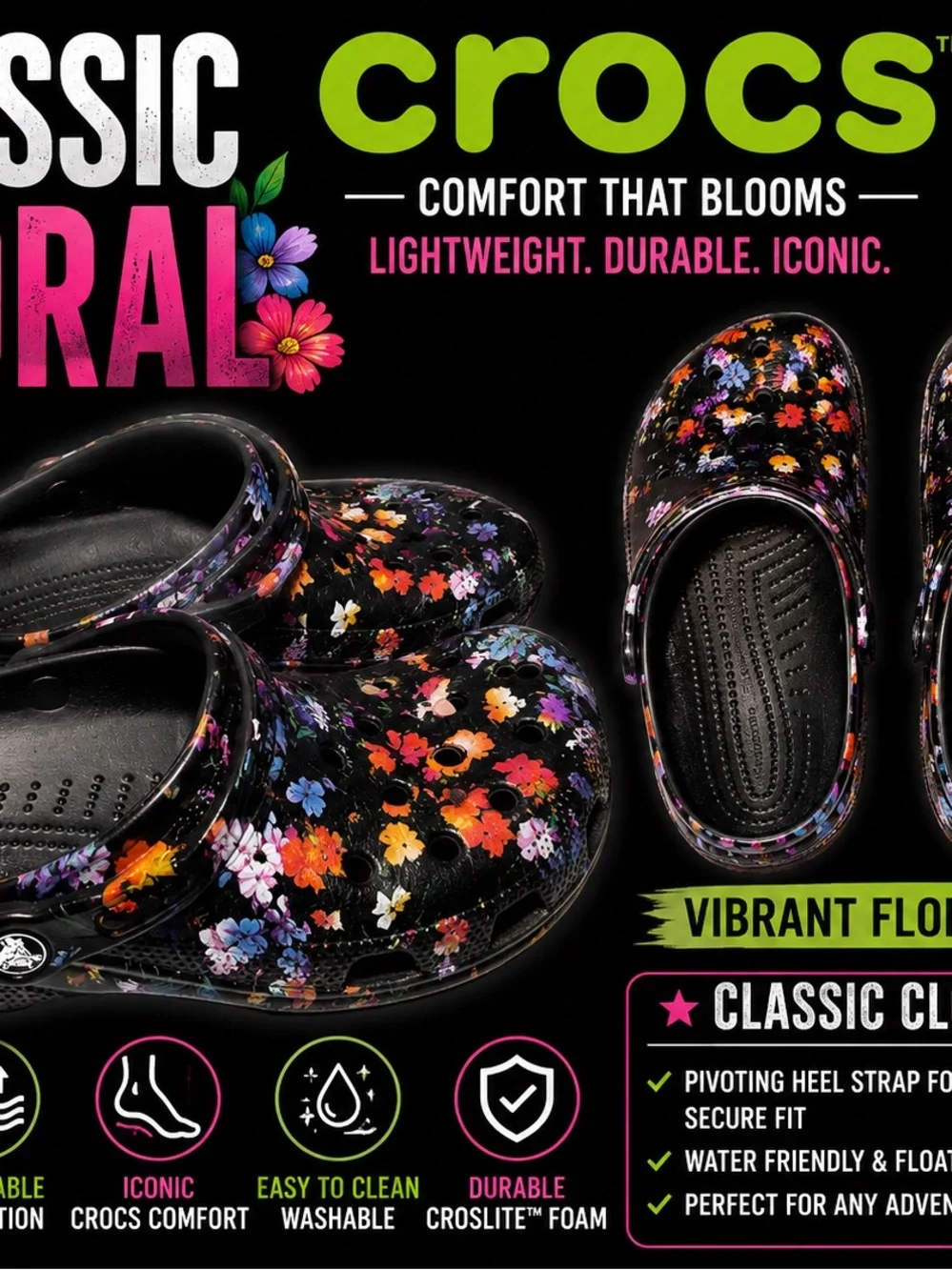 CROCS Classic Clog in Black with Vibrant Floral Print